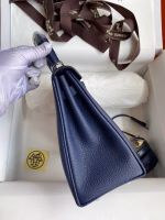 Hermes Kelly Retourne 25 Handmade Bag In Blue Saphir Clemence Leather - Image 2