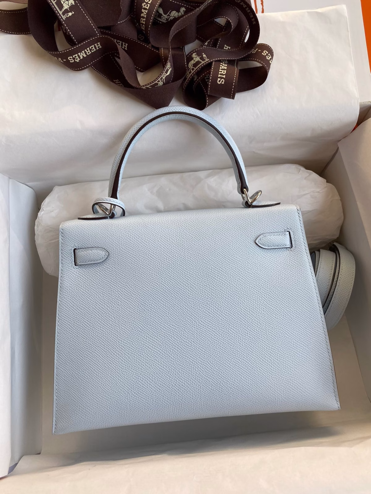 Hermes Kelly Sellier 25 Handmade Bag In Blue Brume Epsom Calfskin - Image 2