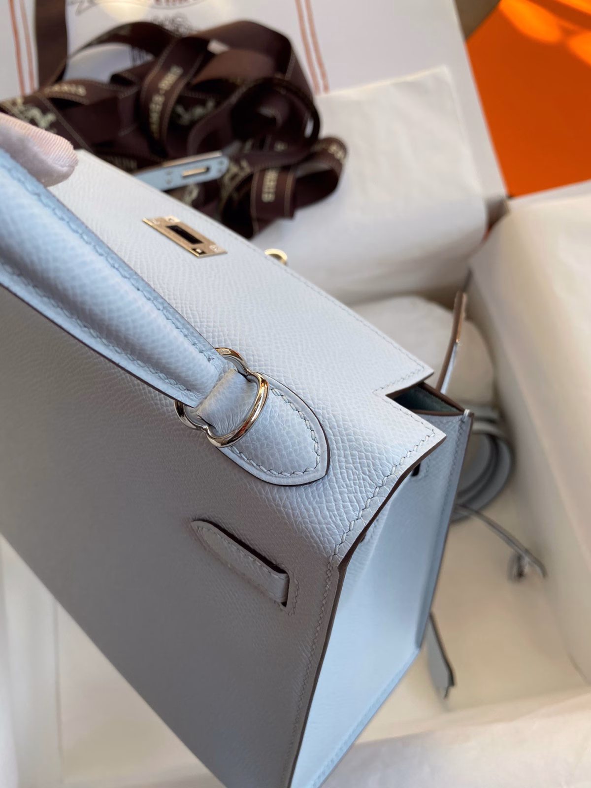 Hermes Kelly Sellier 25 Handmade Bag In Blue Brume Epsom Calfskin - Image 6