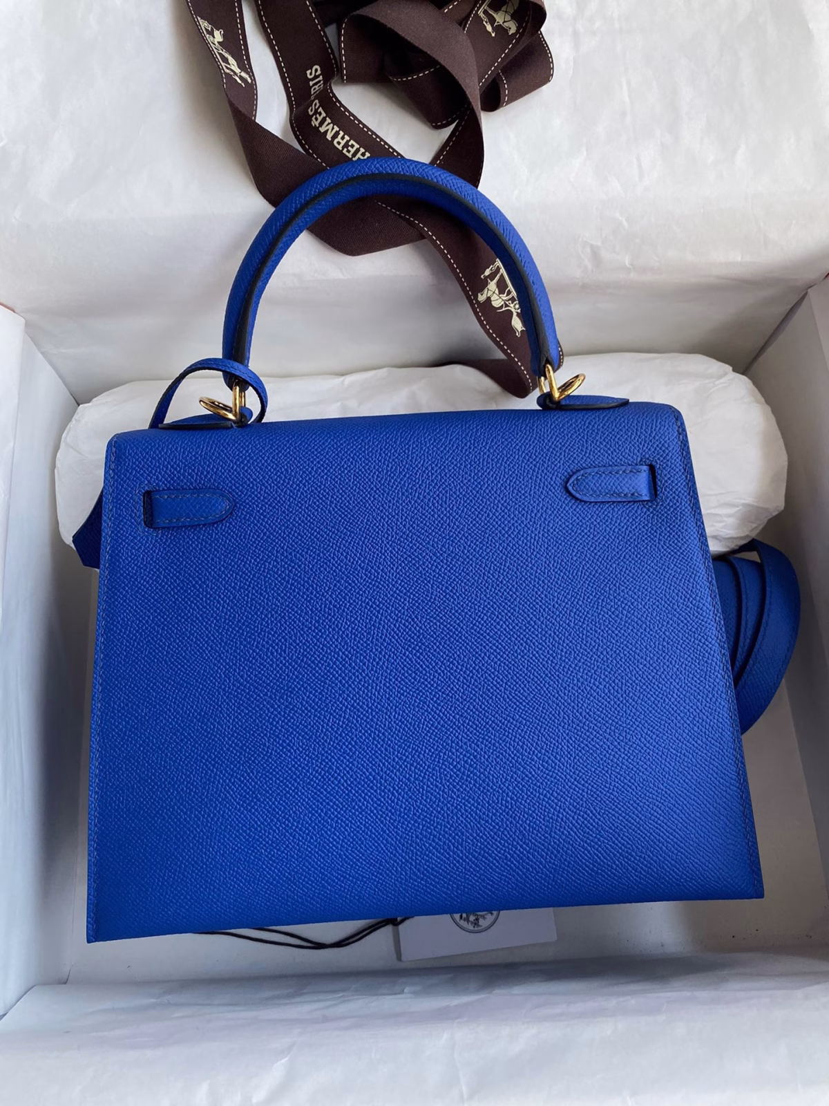 Hermes Kelly Sellier 25 Handmade Bag In Blue France Epsom Calfskin - Image 4