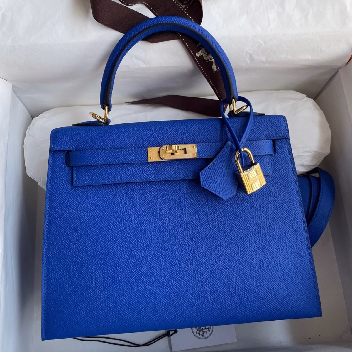 Hermes Kelly Sellier 25 Handmade Bag In Blue France Epsom Calfskin - Image 1