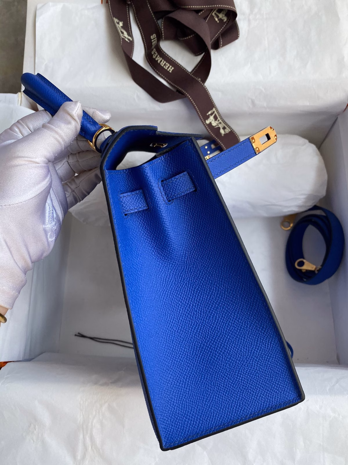 Hermes Kelly Sellier 25 Handmade Bag In Blue France Epsom Calfskin - Image 5