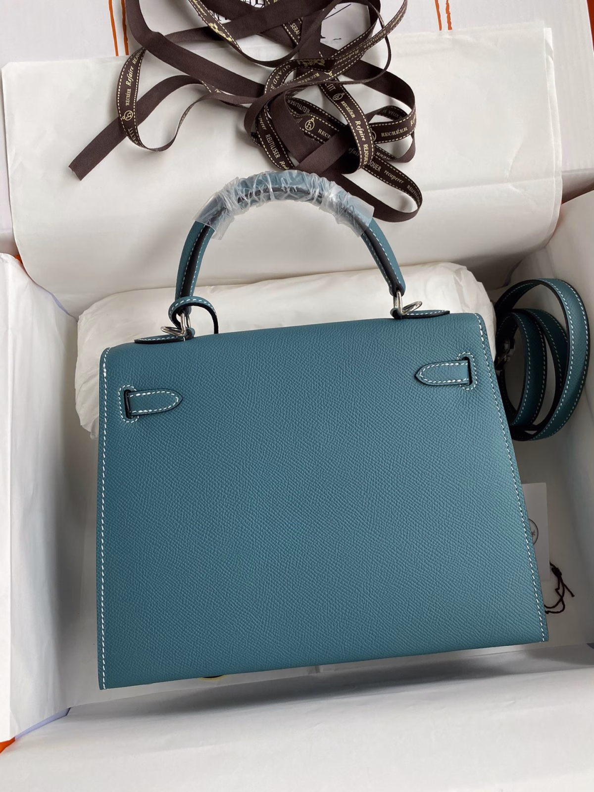 Hermes Kelly Sellier 25 Handmade Bag In Blue Jean Epsom Calfskin - Image 8