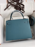 Hermes Kelly Sellier 25 Handmade Bag In Blue Jean Epsom Calfskin - Image 8
