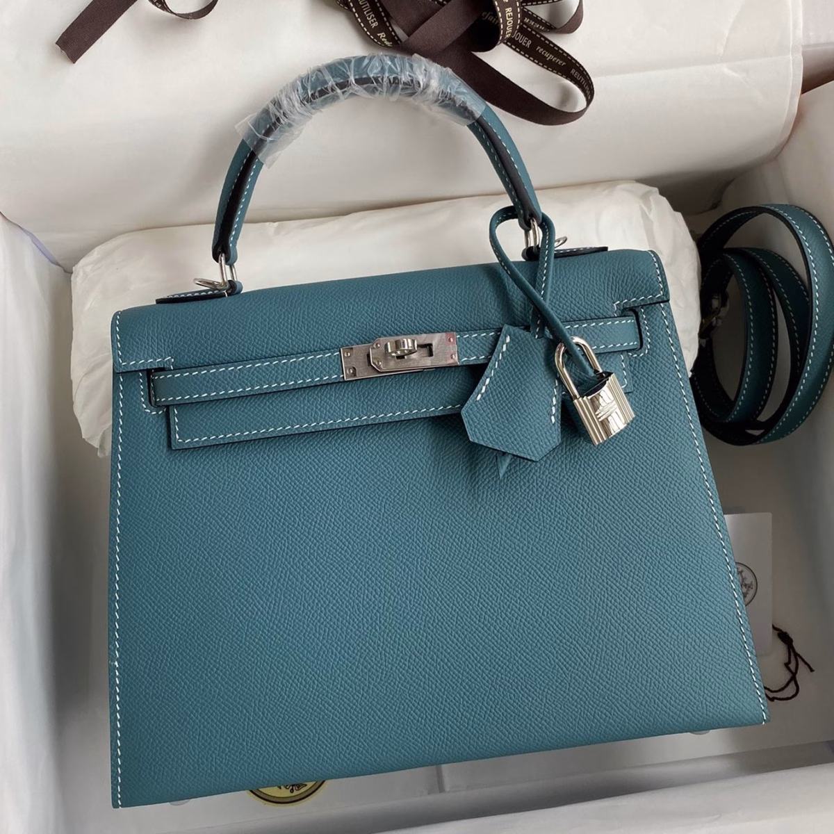 Hermes Kelly Sellier 25 Handmade Bag In Blue Jean Epsom Calfskin - Image 1