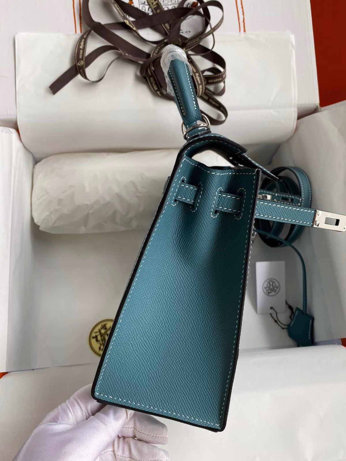 Hermes Kelly Sellier 25 Handmade Bag In Blue Jean Epsom Calfskin - Image 3