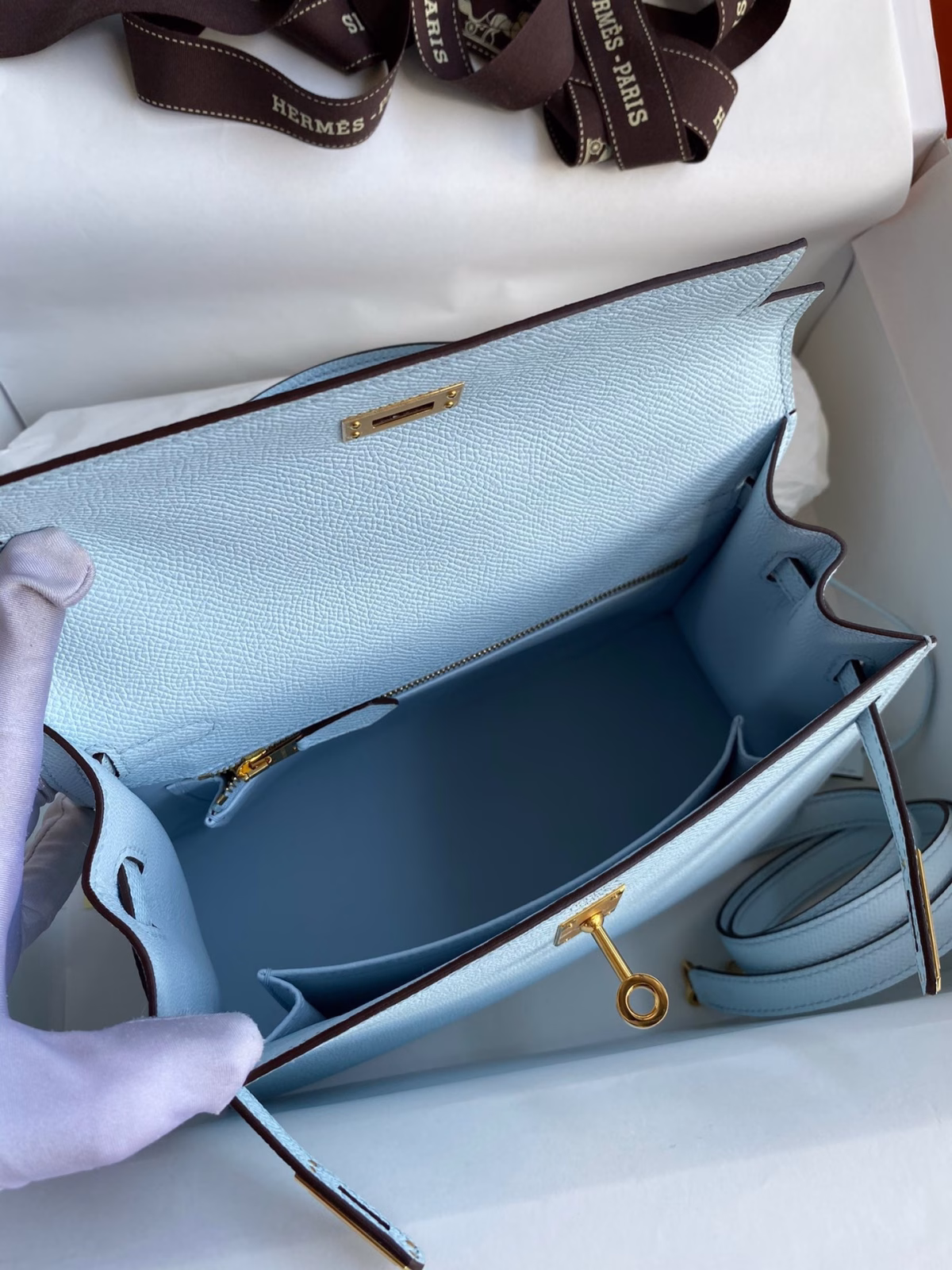 Hermes Kelly Sellier 25 Handmade Bag In Celeste Epsom Calfskin - Image 6