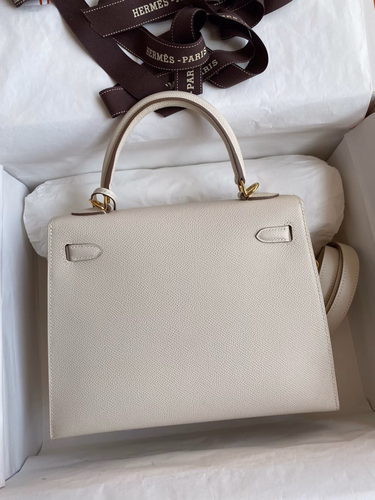 Hermes Kelly Sellier 25 Handmade Bag In Craie Epsom Calfskin - Image 9