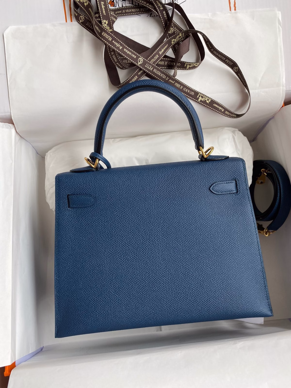 Hermes Kelly Sellier 25 Handmade Bag In Deep Blue Epsom Calfskin - Image 5