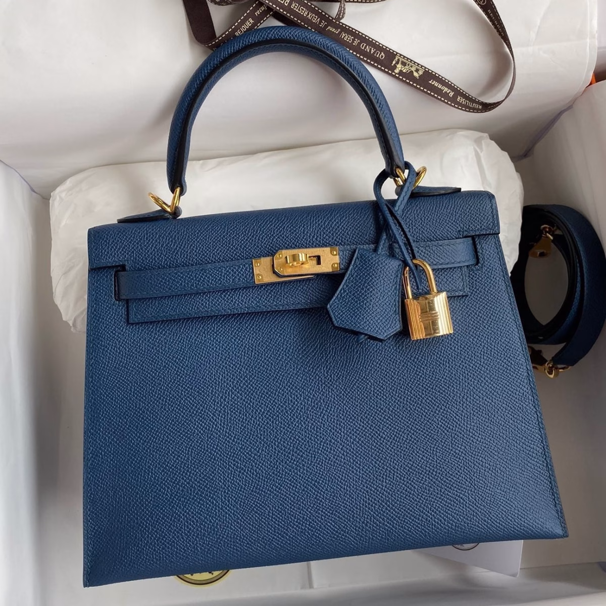Hermes Kelly Sellier 25 Handmade Bag In Deep Blue Epsom Calfskin - Image 1