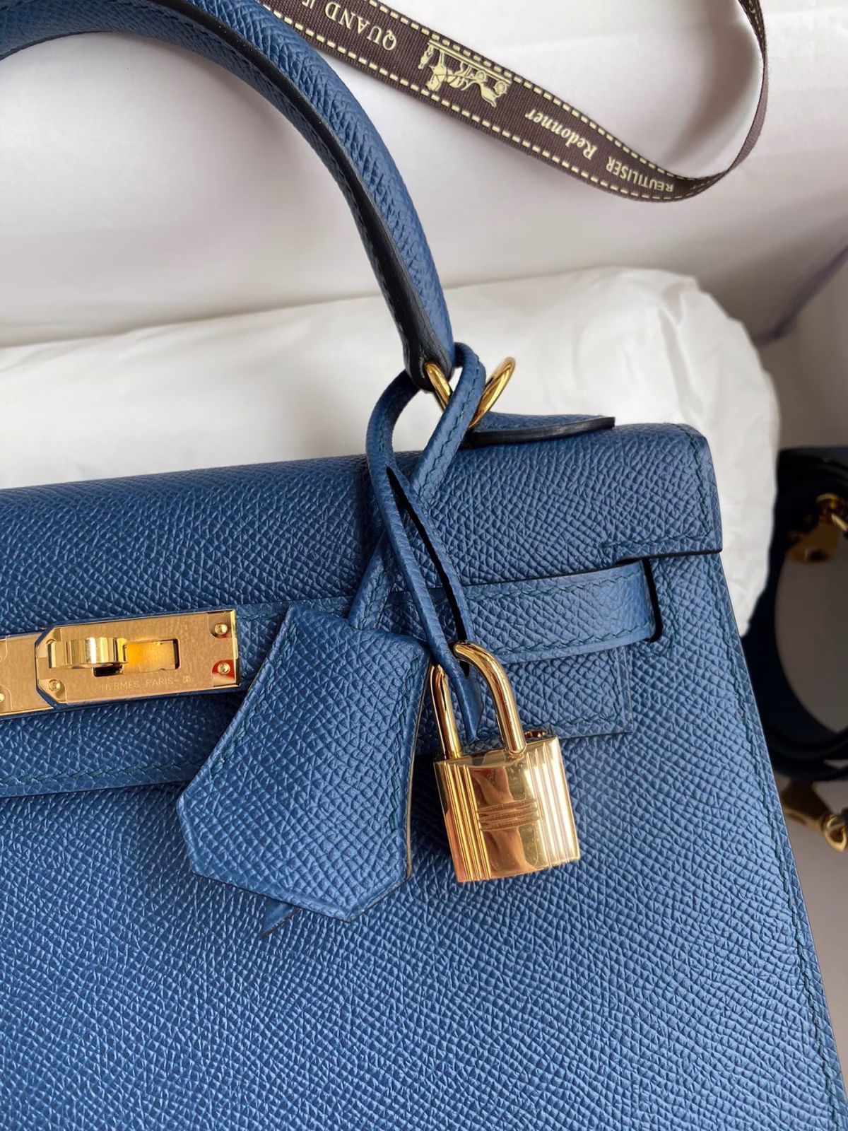 Hermes Kelly Sellier 25 Handmade Bag In Deep Blue Epsom Calfskin - Image 3