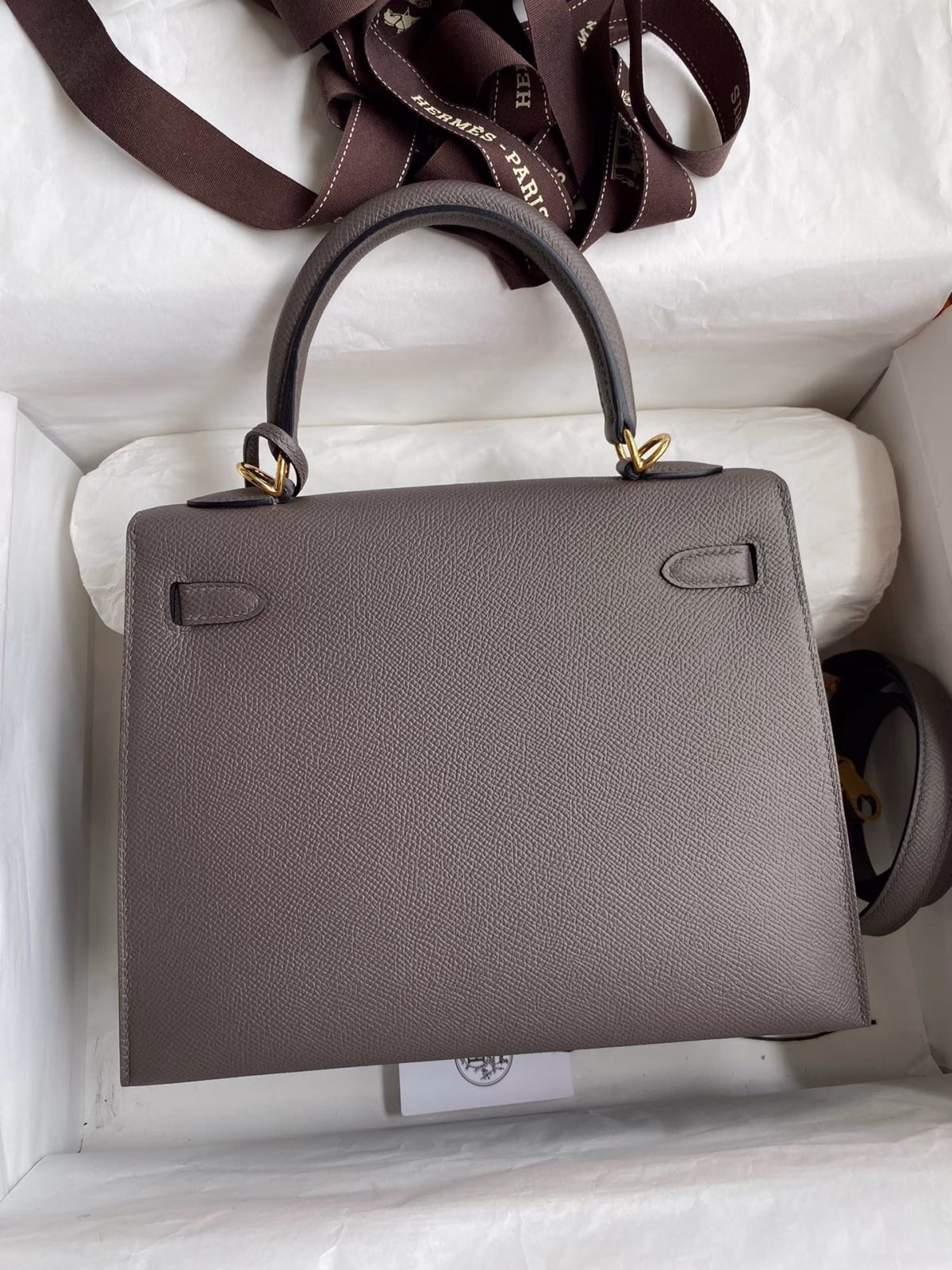 Hermes Kelly Sellier 25 Handmade Bag In Etain Epsom Calfskin - Image 6