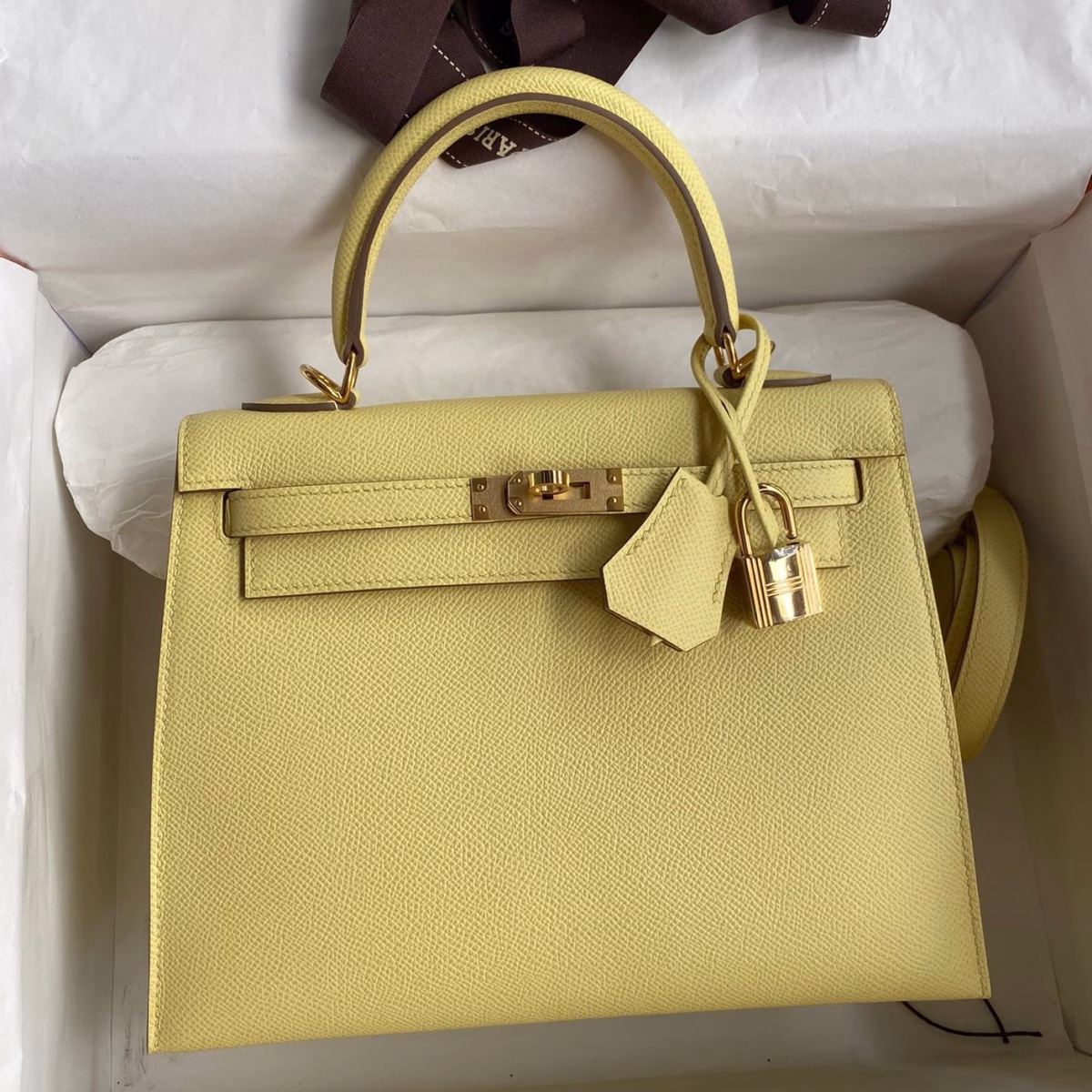 Hermes Kelly Sellier 25 Handmade Bag In Jaune Poussin Epsom Calfskin - Image 1
