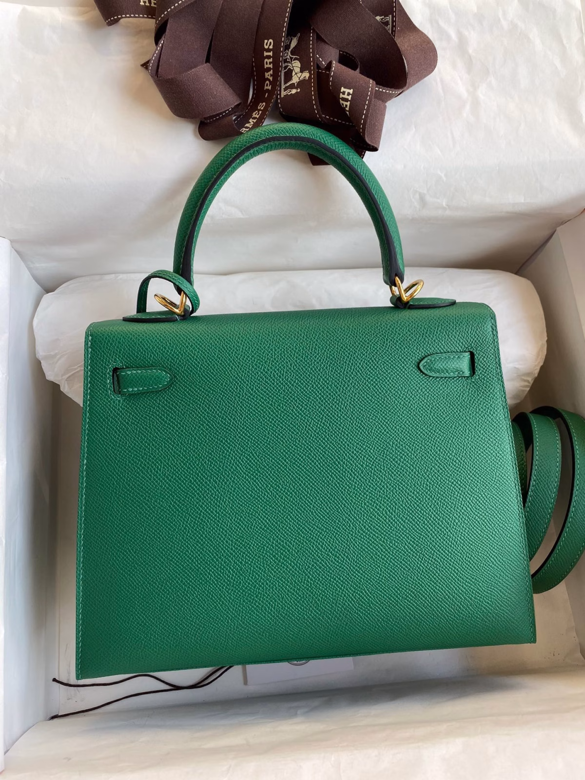 Hermes Kelly Sellier 25 Handmade Bag In Vert Vertigo Epsom Calfskin - Image 6