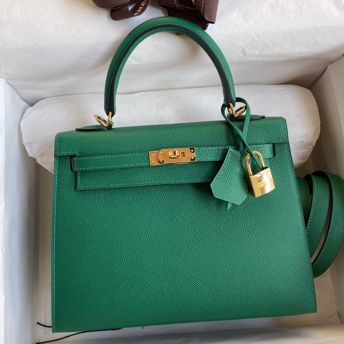 Hermes Kelly Sellier 25 Handmade Bag In Vert Vertigo Epsom Calfskin - Image 1