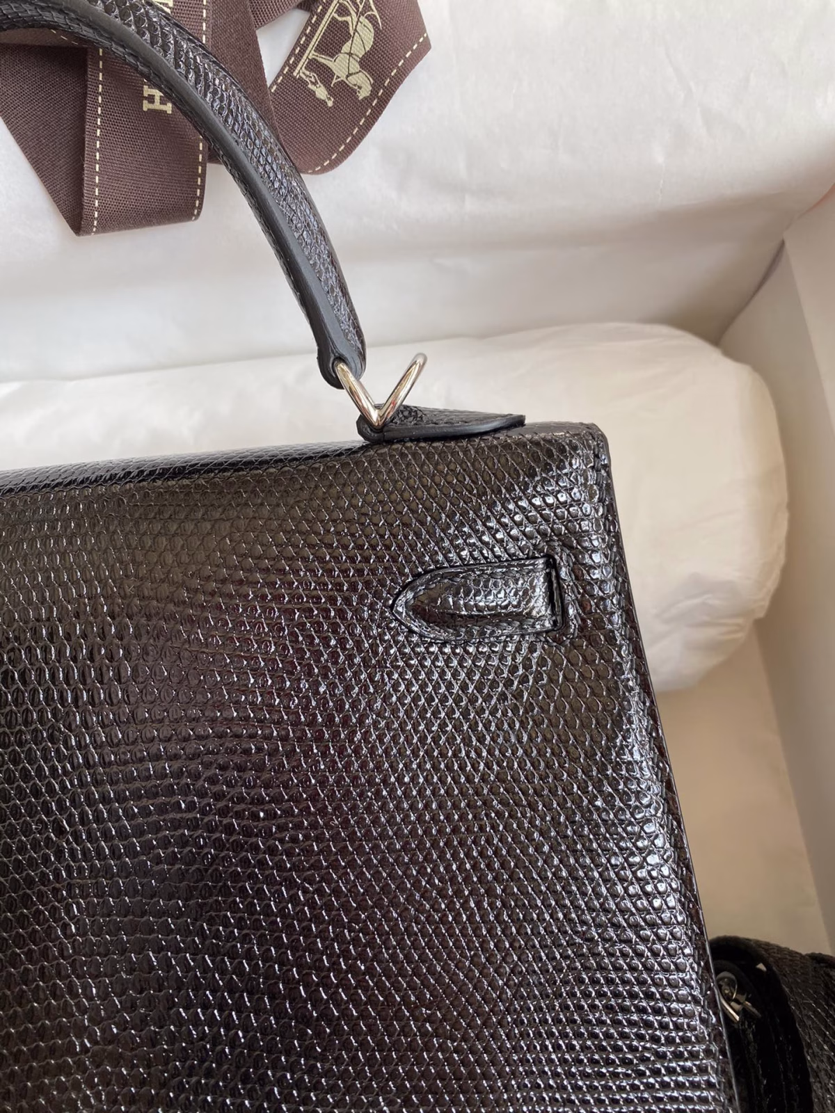 Hermes Kelly Sellier 25 Handmade Bag In Black Lizard Leather - Image 6