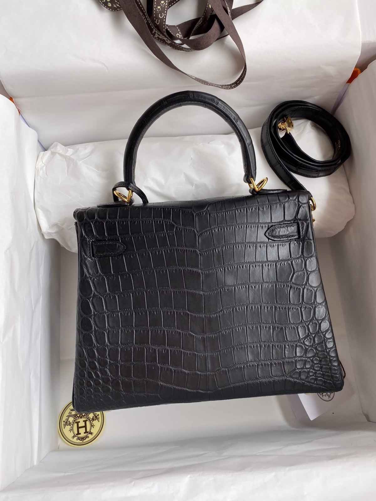 Hermes Kelly Sellier 25 Handmade Bag In Black Crocodile Niloticus Matte Skin - Image 2