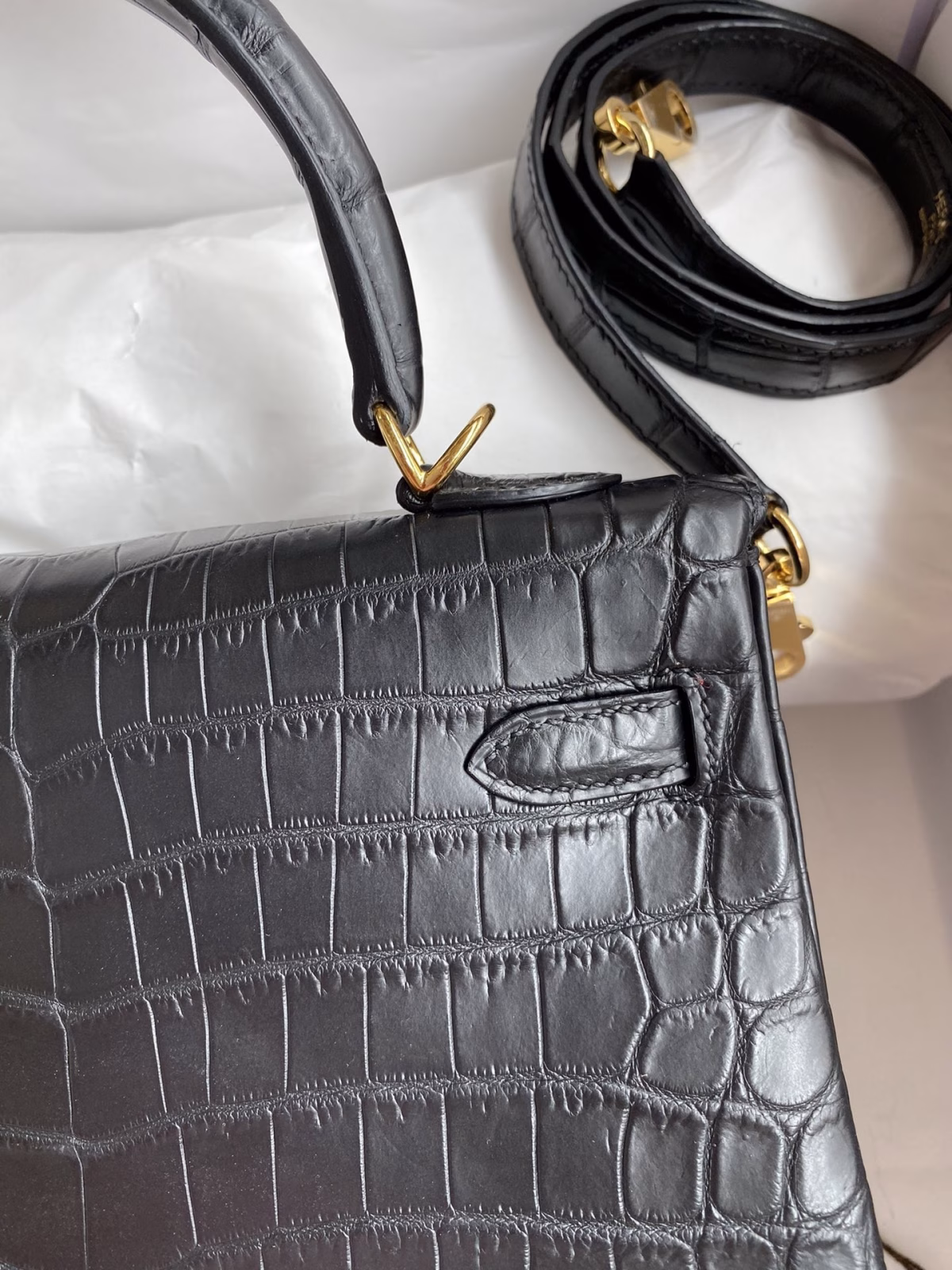 Hermes Kelly Sellier 25 Handmade Bag In Black Crocodile Niloticus Matte Skin - Image 8