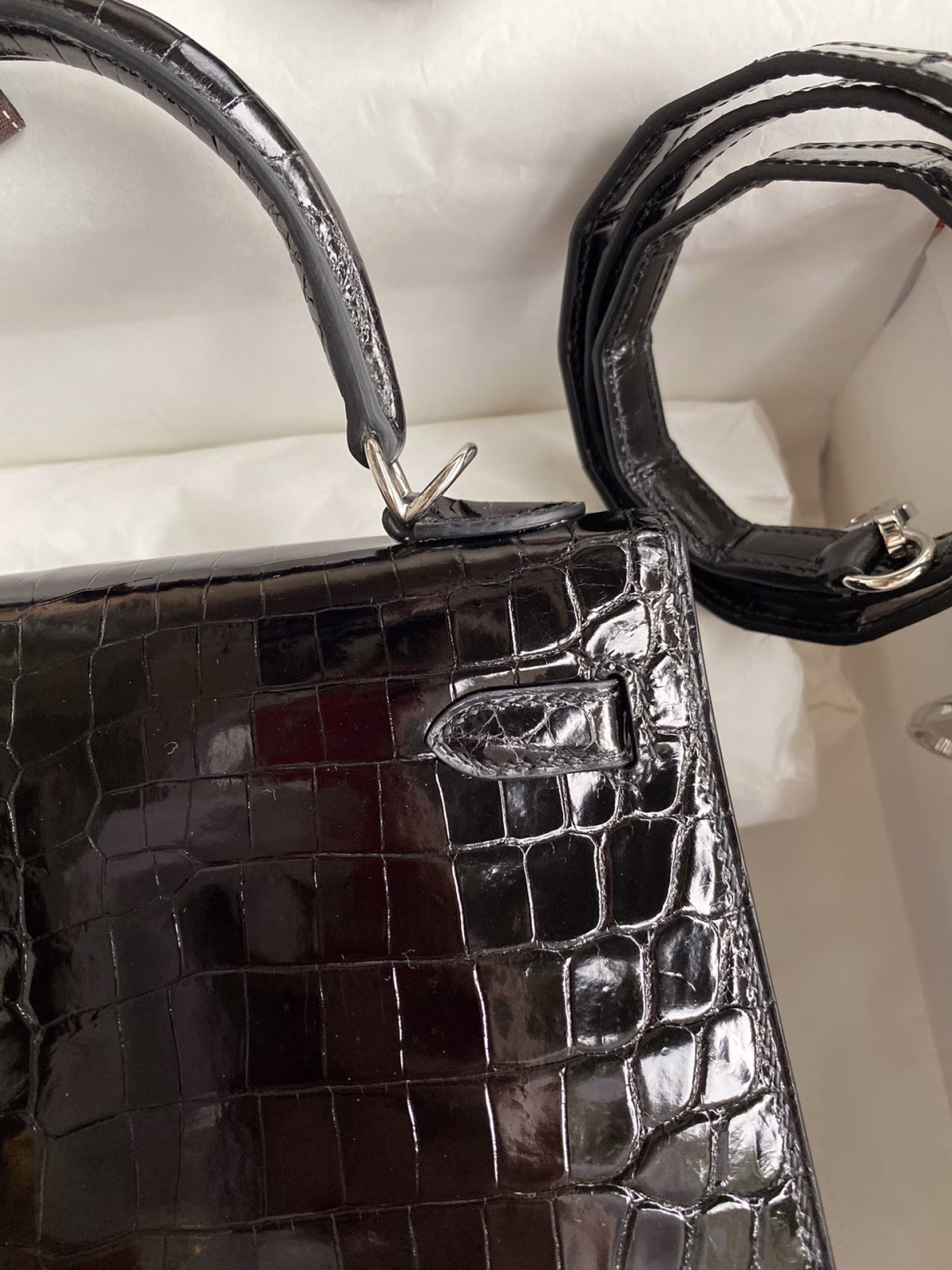 Hermes Kelly Sellier 25 Diamond Bag In Black Crocodile Niloticus Shiny Skin - Image 5