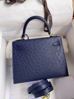 Hermes Kelly Sellier 25 Handmade Bag In Blue Iris Ostrich Leather - Image 9