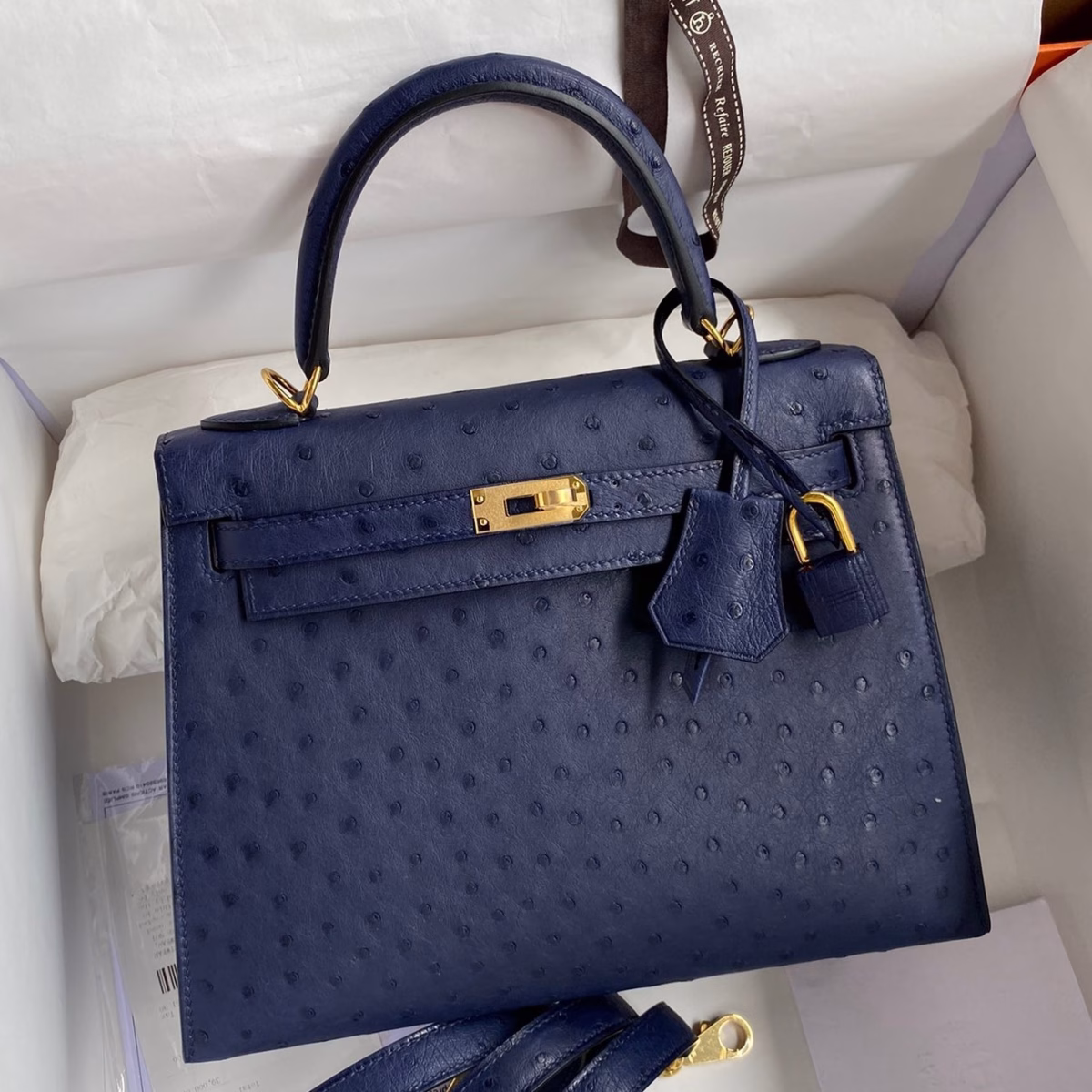 Hermes Kelly Sellier 25 Handmade Bag In Blue Iris Ostrich Leather - Image 1