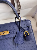Hermes Kelly Sellier 25 Handmade Bag In Blue Iris Ostrich Leather - Image 3
