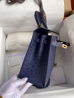 Hermes Kelly Sellier 25 Handmade Bag In Blue Iris Ostrich Leather - Image 6