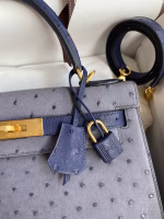 Hermes Kelly Sellier 25 Bicolor Bag in Gris Agate and Blue Ostrich Leather - Image 2