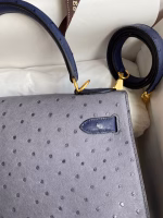 Hermes Kelly Sellier 25 Bicolor Bag in Gris Agate and Blue Ostrich Leather - Image 4