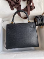 Hermes Kelly Sellier 25 Handmade Bag In Black Ostrich Leather - Image 7