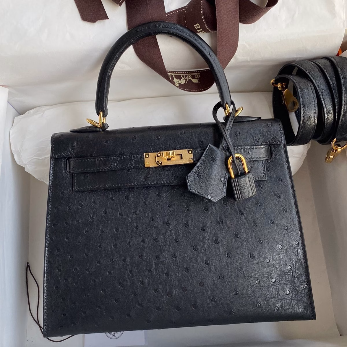 Hermes Kelly Sellier 25 Handmade Bag In Black Ostrich Leather - Image 1