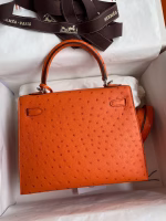 Hermes Kelly Sellier 25 Handmade Bag In Orange Ostrich Leather - Image 7