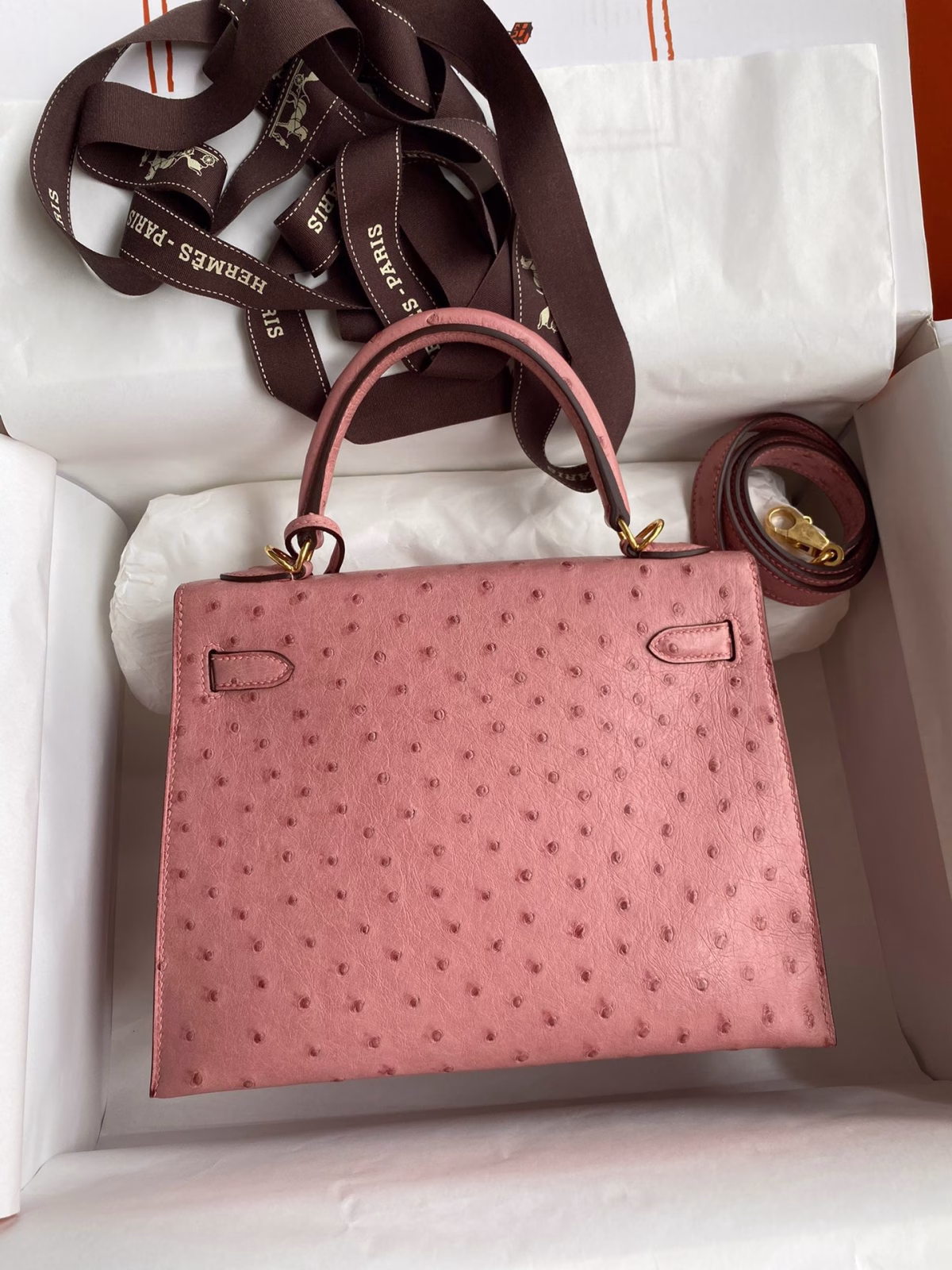 Hermes Kelly Sellier 25 Handmade Bag In Terre Cuite Ostrich Leather - Image 9