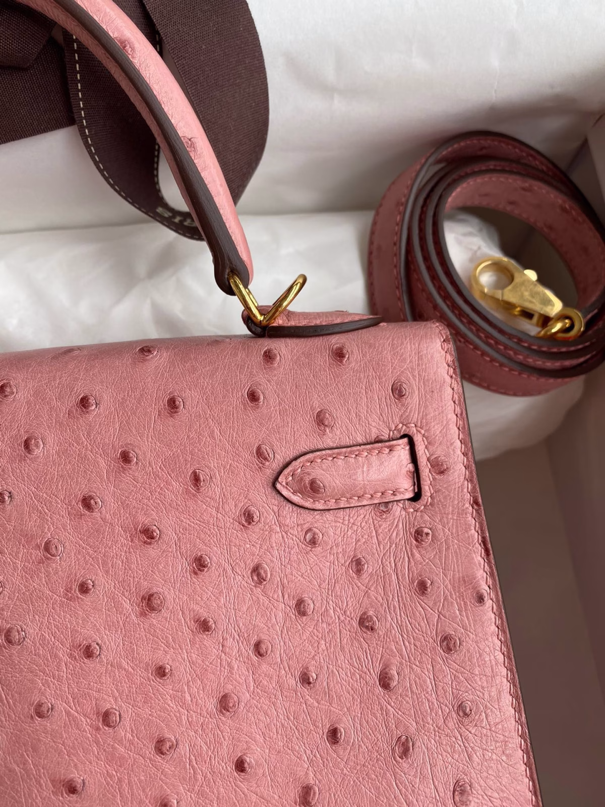 Hermes Kelly Sellier 25 Handmade Bag In Terre Cuite Ostrich Leather - Image 5