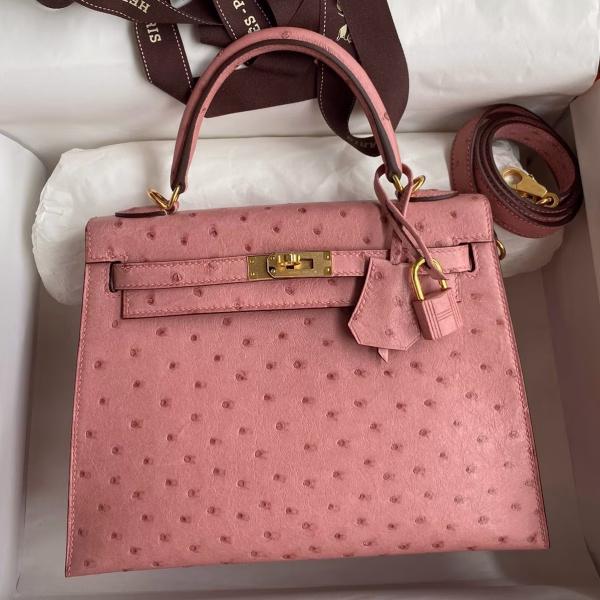 Hermes Kelly Sellier 25 Handmade Bag In Terre Cuite Ostrich Leather