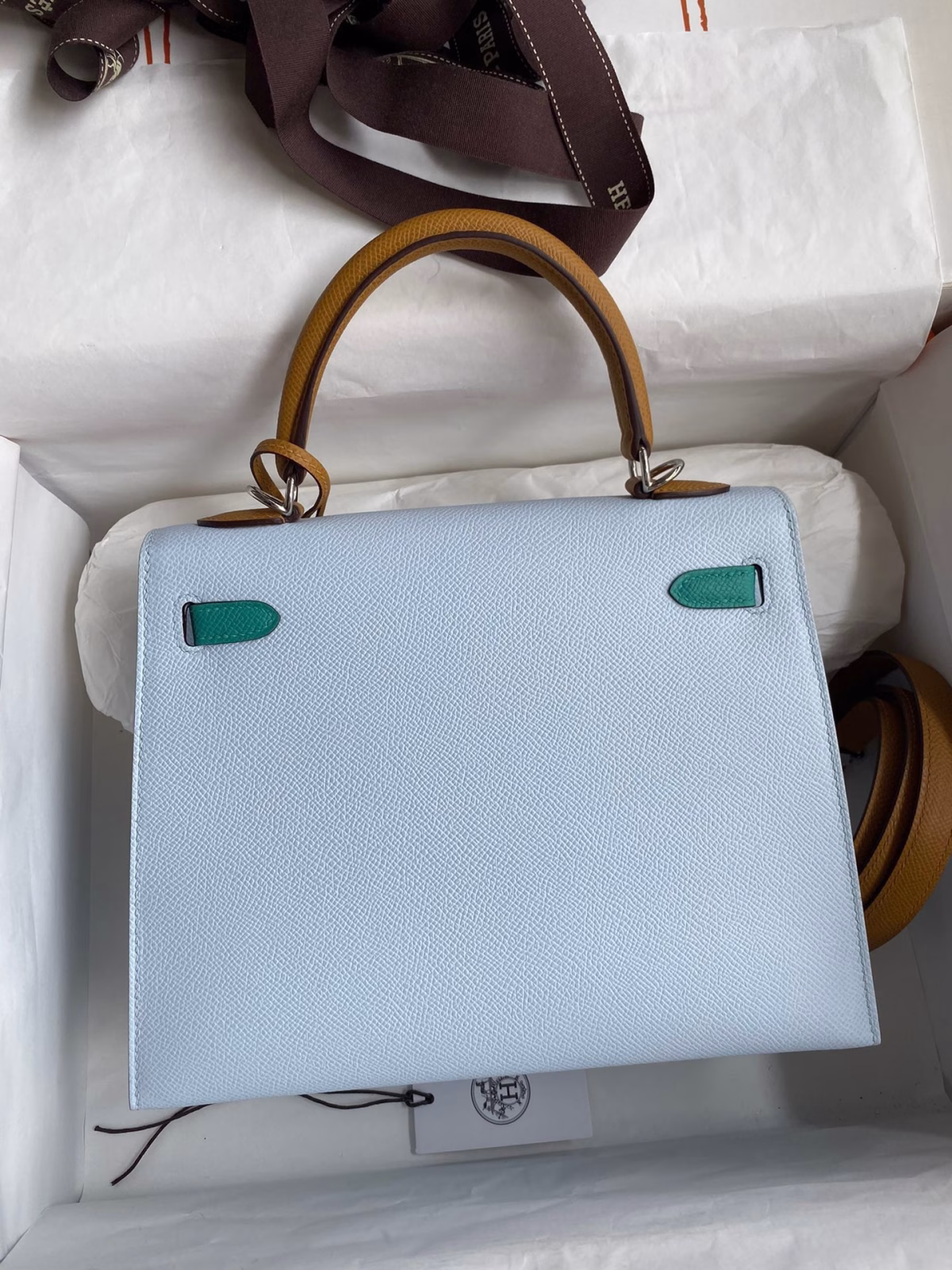Hermes Kelly Sellier 25 Tricolor Bag in Blue/Green/SesameEpsom Calfskin - Image 6
