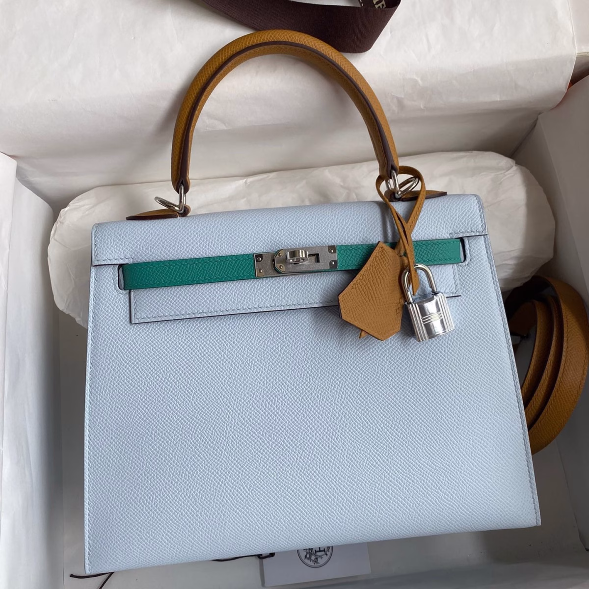 Hermes Kelly Sellier 25 Tricolor Bag in Blue/Green/SesameEpsom Calfskin - Image 1