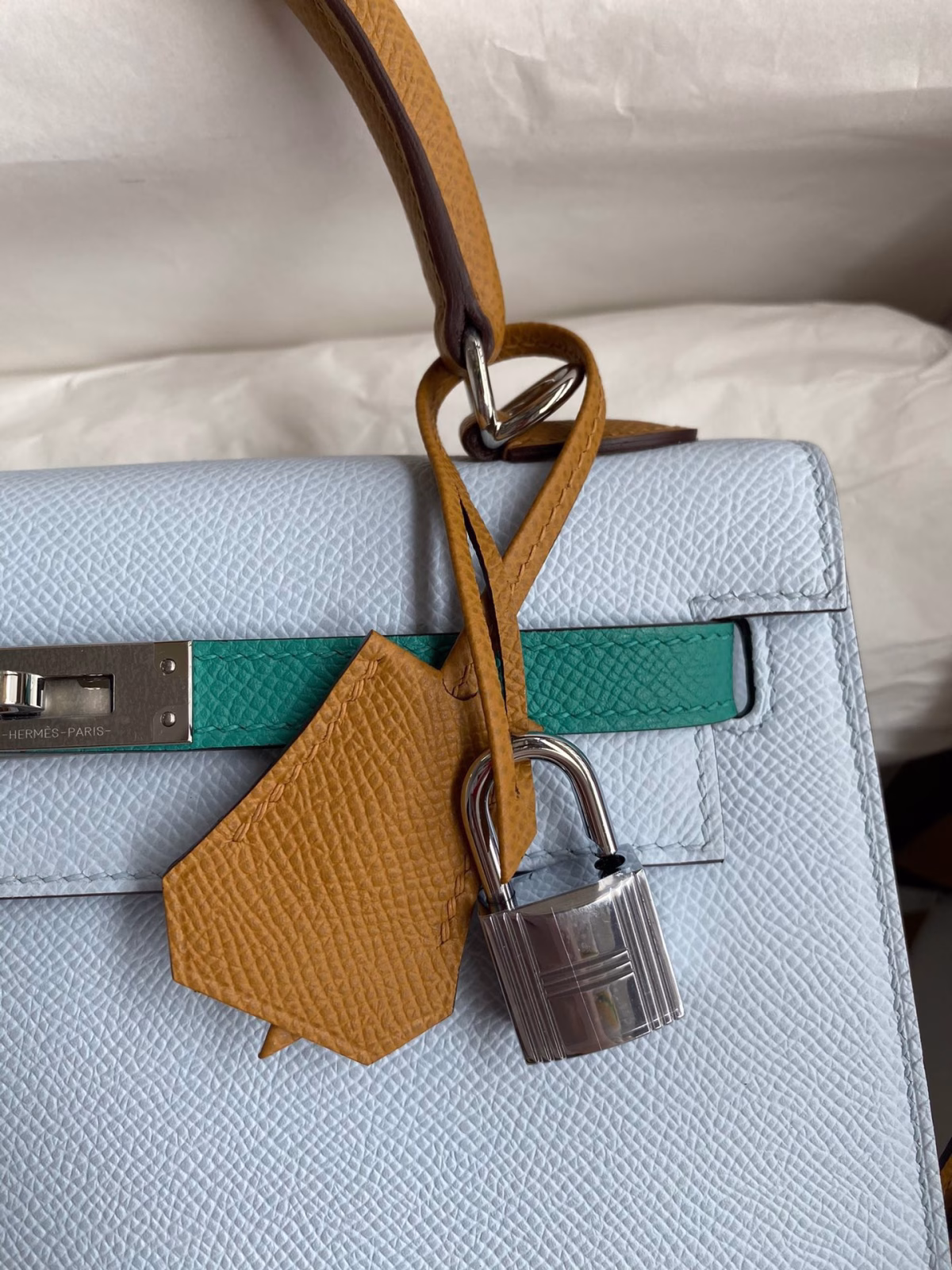 Hermes Kelly Sellier 25 Tricolor Bag in Blue/Green/SesameEpsom Calfskin - Image 3