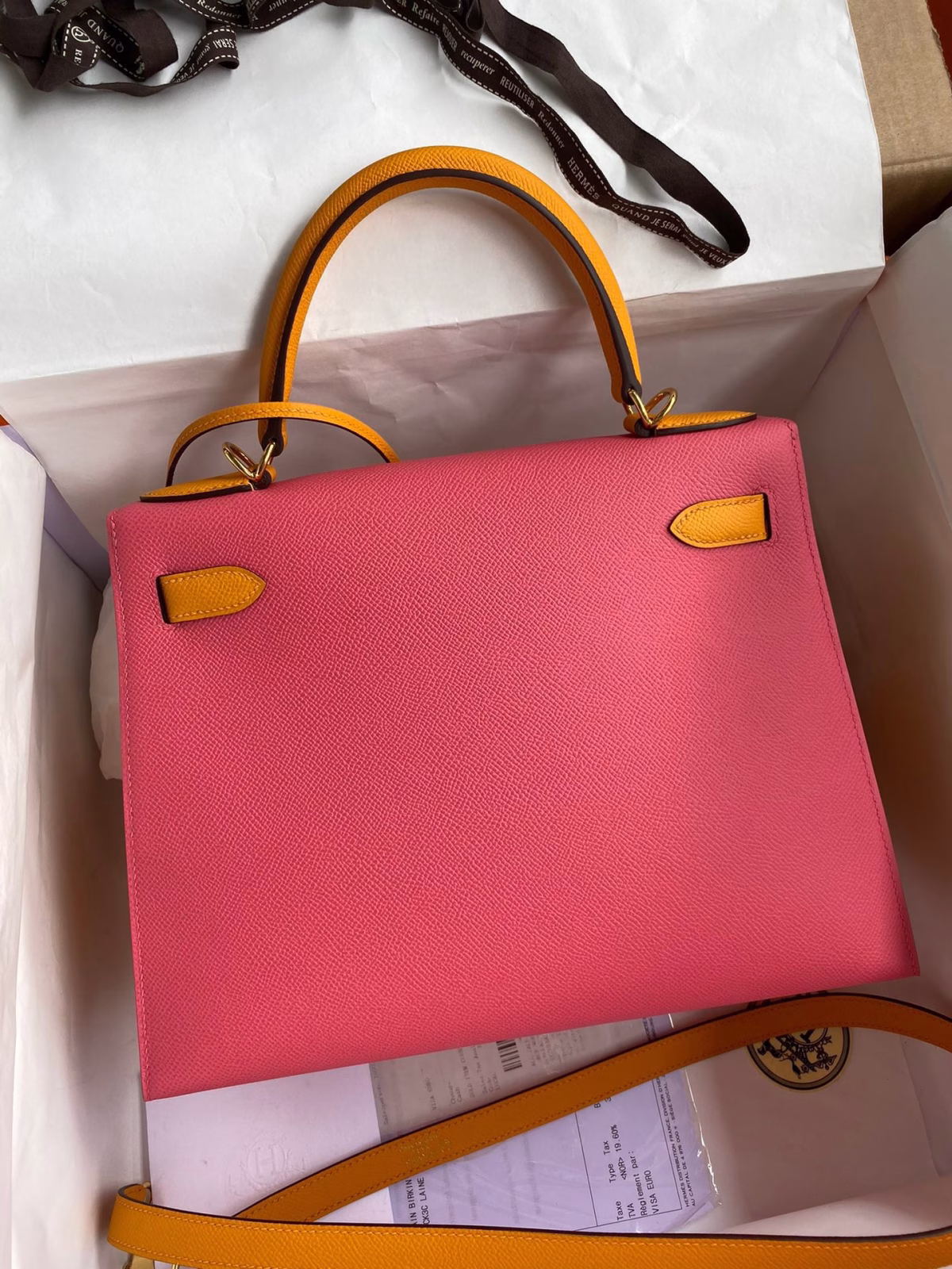 Hermes Kelly Sellier 28 Bicolor Bag in Rose Lipstick and Yellow Epsom Calfskin - Image 6