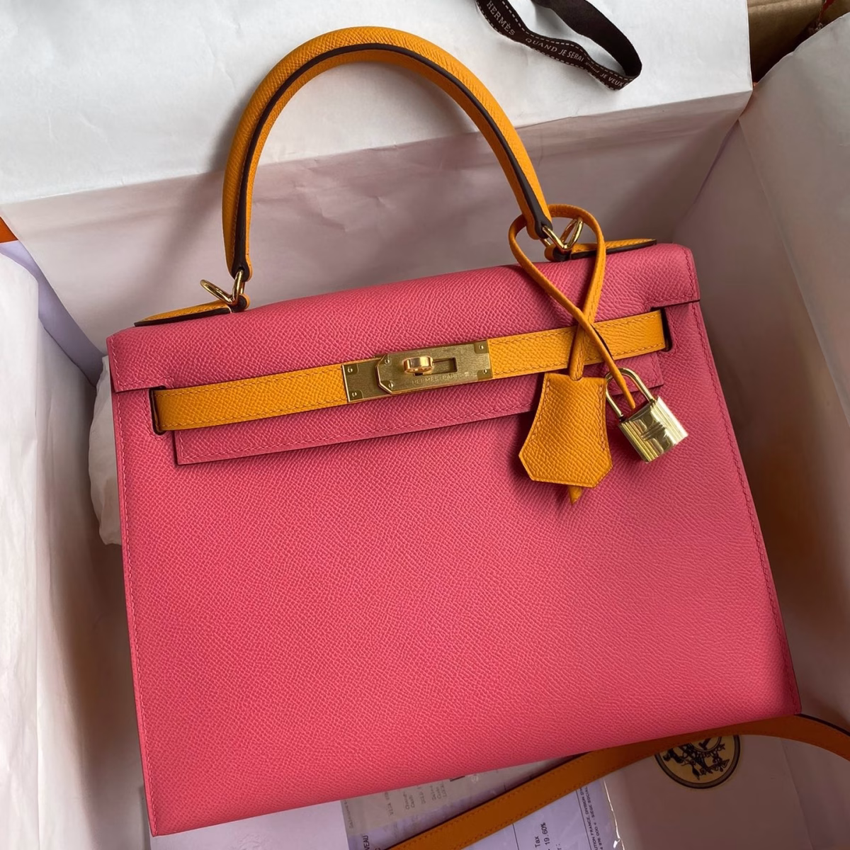 Hermes Kelly Sellier 28 Bicolor Bag in Rose Lipstick and Yellow Epsom Calfskin - Image 1