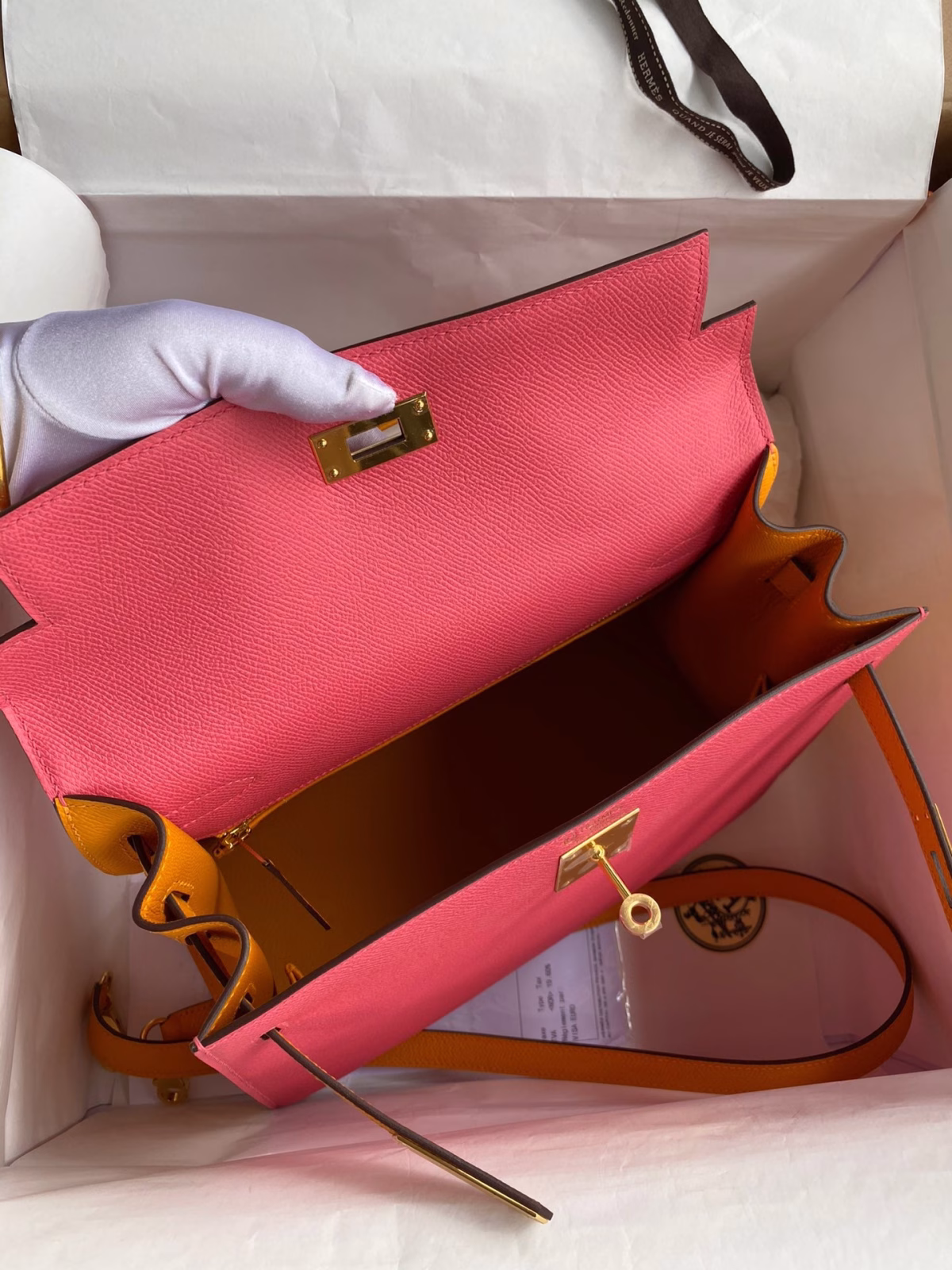 Hermes Kelly Sellier 28 Bicolor Bag in Rose Lipstick and Yellow Epsom Calfskin - Image 3