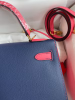 Hermes Kelly Sellier 28 Bicolor Bag in Blue Saphir and Rose Lipstick Epsom Calfskin - Image 8