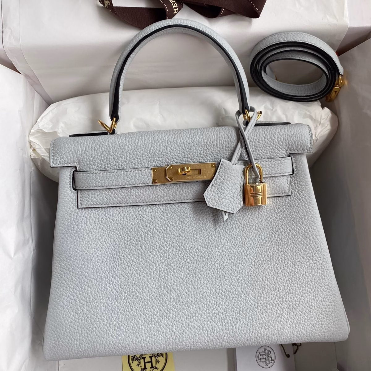 Hermes Kelly Retourne 28 Handmade Bag In Blue Glacier Clemence Leather - Image 1