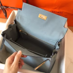 Hermes Kelly Retourne 28 Handmade Bag In Blue Lin Clemence Leather - Image 3