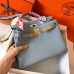 Hermes Kelly Retourne 28 Handmade Bag In Blue Lin Clemence Leather - Image 4