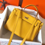 Hermes Kelly Retourne 28 Handmade Bag In Jaune Ambre Clemence Leather - Image 6