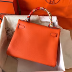 Hermes Kelly Retourne 28 Handmade Bag In Orange Clemence Leather - Image 8