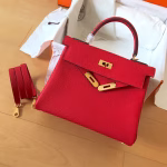 Hermes Kelly Retourne 28 Handmade Bag In Red Clemence Leather - Image 7
