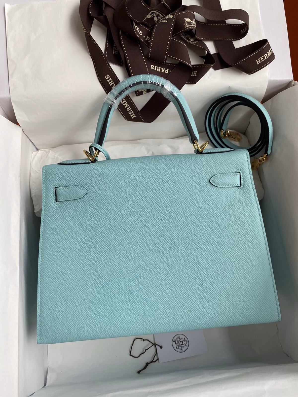 Hermes Kelly Sellier 28 Handmade Bag In Blue Atoll Epsom Calfskin - Image 3