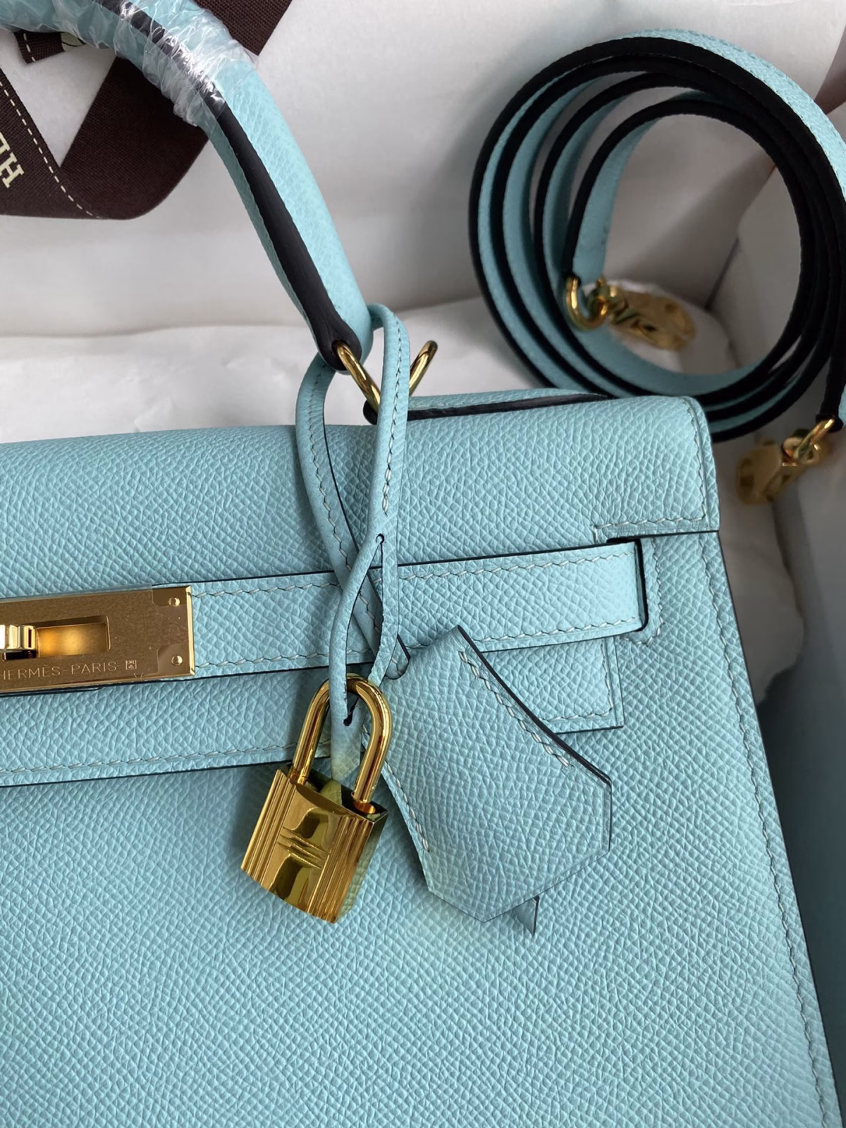 Hermes Kelly Sellier 28 Handmade Bag In Blue Atoll Epsom Calfskin - Image 9